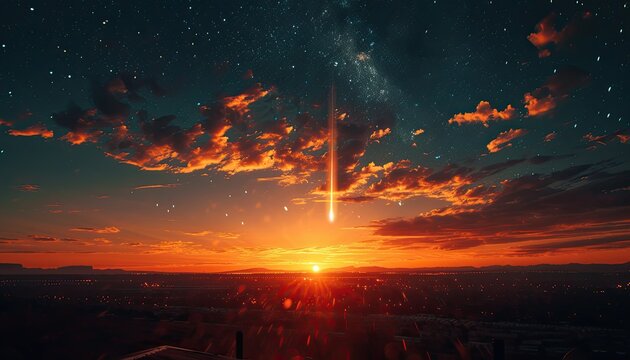 Glorious Sunset Sky: Shooting Star Amid Cascade of Falling Stars, Draped in Ethereal Milky Clouds 🌅✨☁️