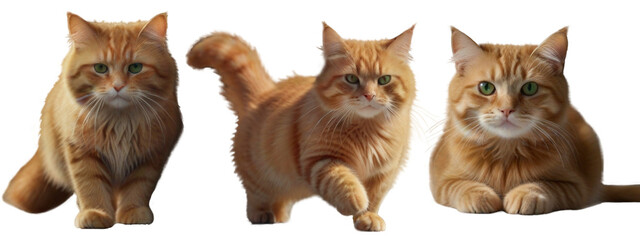 Red cat set in various poses. The cat is sitting, walking, looking. Red cat without background PNG. Created by AI.