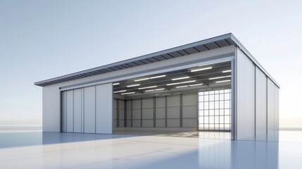 3d rendering of a spacious, modern industrial warehouse with skylights