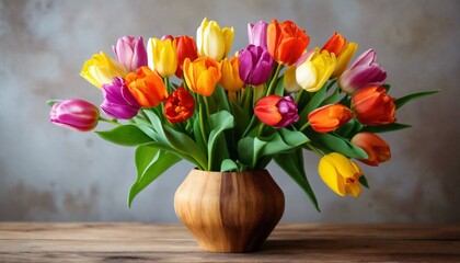 Colourful Tulips in Wooden Vase