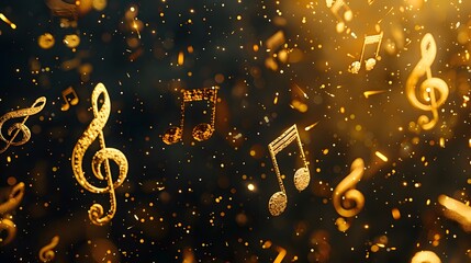 Gold musical notes flying in the air on black background with copy space. Group musical notes and G-clef. Melody symbol. Musical notes with the treble clef.