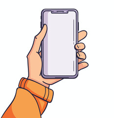 Hand holding a smartphone with a blank screen, wearing an orange sleeve.