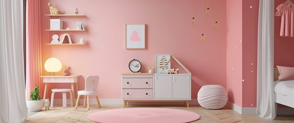 A children's bedroom with pink walls and minimalist decor, providing a modern and inviting feel. The simple design keeps the space clean and calm, while the pink walls add a playful touch.