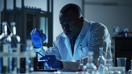 Black man thinking, science and tablet for online research, laboratory and healthcare sample, African American male, scientist or research in lab, digital data and update experiment results and focus