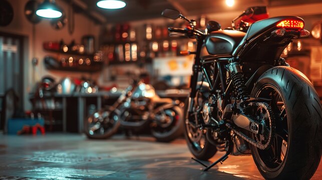 motorcycle repair with copy space. motobike service center with soft-focus and over light in the background. wallpepper for motorcycle lovers. mens love. old garage interior red and black banner.