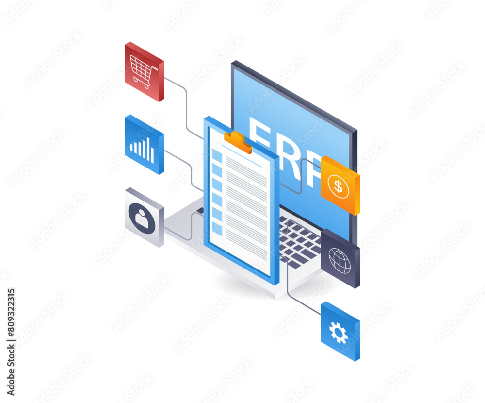Fototapete ERP computer developer network business technology, infographic illustration 3d flat isometric