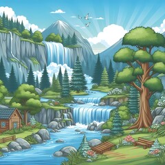 waterfall background - 폭포배경. Generative AI