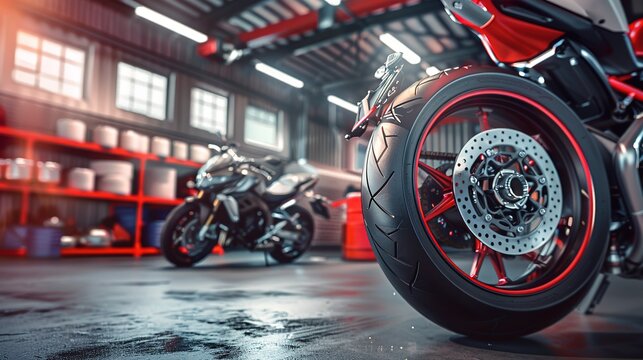 motorcycle repair with copy space. motobike service center with soft-focus and over light in the background. wallpepper for motorcycle lovers. mens love. old garage interior red and black banner.
