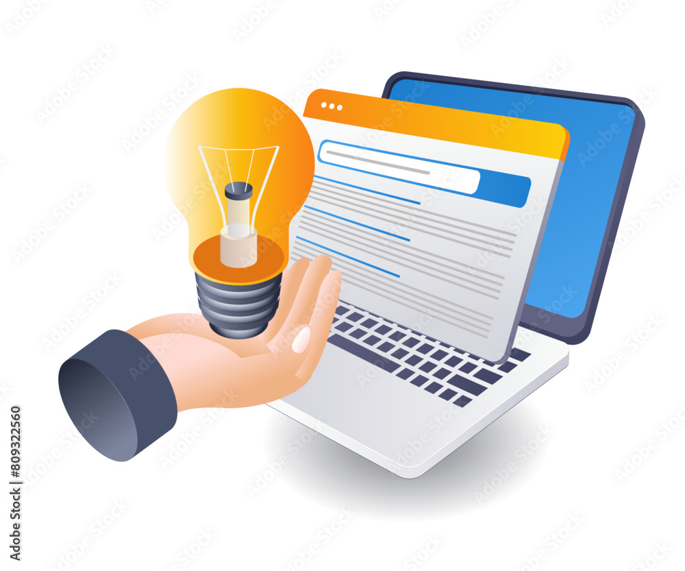 Poster getting ideas from internet search engines infographic 3d flat isometric illustration
