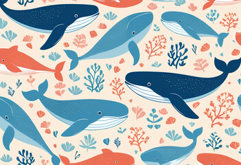 Seamless pattern with cute blue whale on light background. Flat style vector illustrations can be used for packaging paper, fabric, textile, wrapping paper, fabric, textile, etc.
