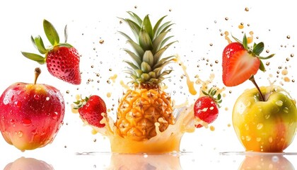 Vibrant studio showcasing pineapple, strawberry, and apple in energetic splashes, suspended mid-air. Detailed textures and colors pop against a white backdrop, enticing with juicy goodness.