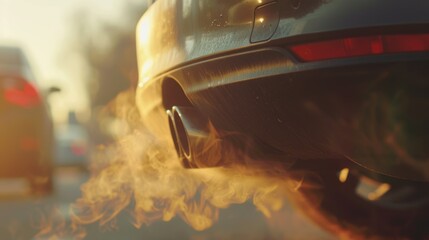 Exhaust pipe releasing fumes at sunset