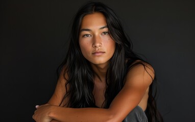 Naklejka premium A woman standing and posing for a picture with her arms crossed, showcasing confidence and assertiveness