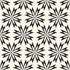 Simple abstract geometric floral seamless pattern. Minimal black and white texture with big flower silhouettes. Stylish monochrome vector background. Repeated geo design for decor, print, textile