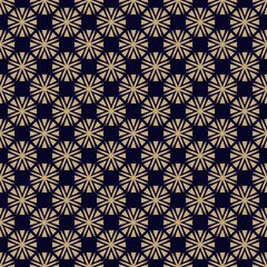 Vector golden geometric floral ornament. Abstract black and gold seamless pattern with simple flowers in modular grid. Stylish luxury background texture. Repeated design for print, wallpaper, decor