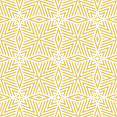 Golden geometric line vector seamless pattern. Simple gold and white texture with stripes, lines, stars, diamonds, chevron. Abstract luxury linear graphic background. Modern repeatable geo design