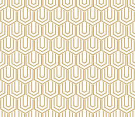 Vector golden geometric seamless pattern with hexagons, lines. Gold and white abstract geometrical background with hexagonal grid. Simple luxury texture. Repeated geo design for decor, print, package