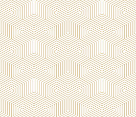 Modern golden vector geometric seamless pattern with thin lines, hexagons, quirky stripes. Gold and white abstract background. Simple trendy minimalist linear texture. Luxury repeated minimal design