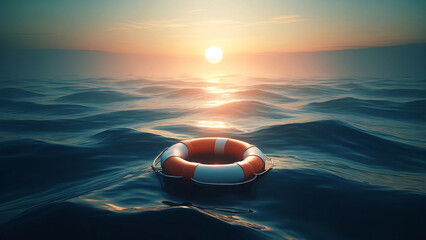 Solitary Lifebuoy Floating in Calm Sea at Sunset