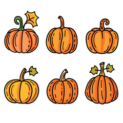 Six cartoon pumpkins, unique outline stem details, bright orange, fall theme, Halloween decoration. Orange pumpkins varying shape, doodle art style, isolated white background, autumn harvest symbol