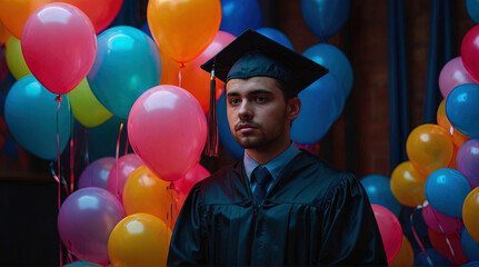 A guy wearing a cap and a mantle for graduates against a background of colorful balloons