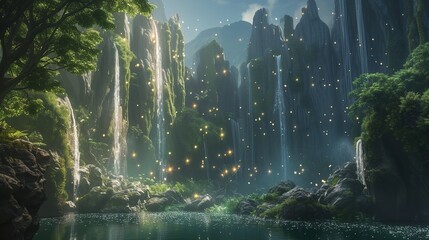 Discover the ethereal beauty of the Celestial Waterfall Haven. Generative Ai