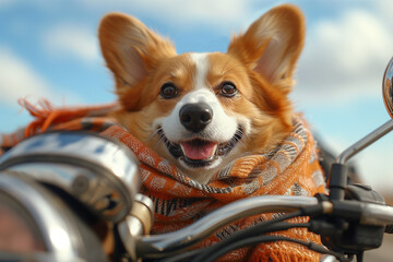 photo montage of a corgi dog riding a motorcycle