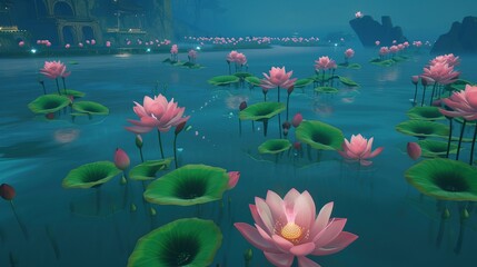 Drift through the tranquility of the Floating Lotus Isles . Generative Ai