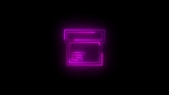 Neon glowing pink color package symbol icon on black background animation