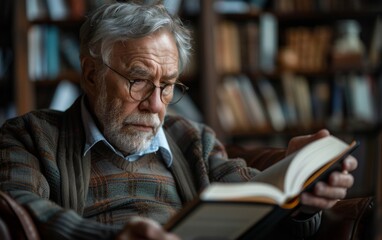 An older man engrossed in reading a book while seated at a library table surrounded by shelves of books