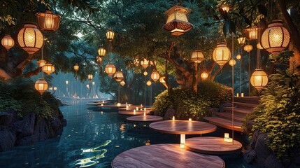 Floating platforms adorned with lanterns and lush greenery form a whimsical fantasy . Generative Ai