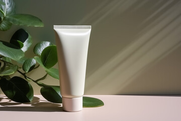 Close-up of a green cosmetic tube on a beige background with green leaves