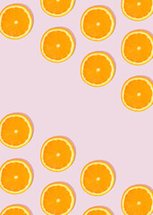 Pattern made of sliced orange fruit on a pink background with copy space. Summer aesthetic concept.