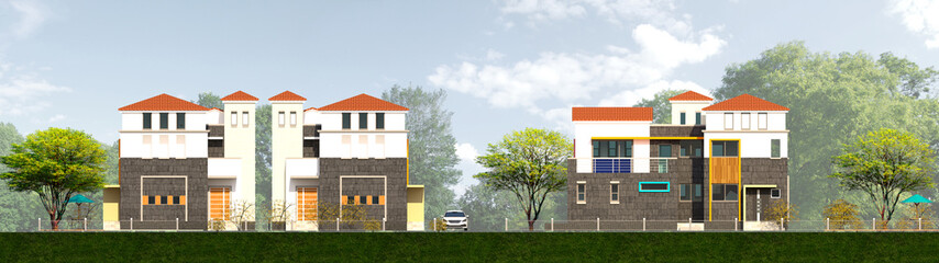 houses in the park, Elevation illustration of a modern twin house in the park