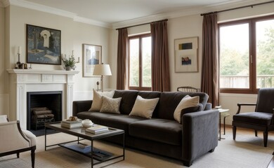 Tranquil Living Room with Plush Velvet Sofa