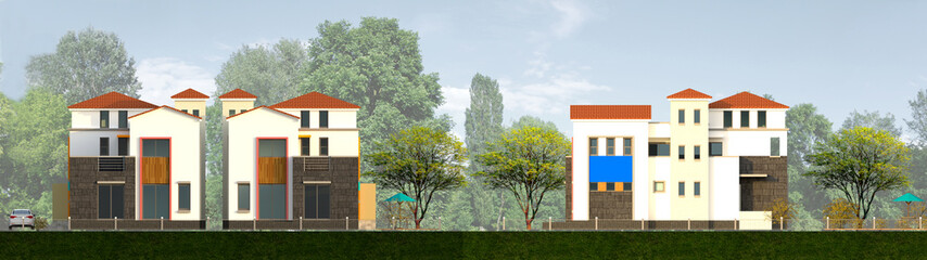 houses in the park, Elevation illustration of a modern twin house in the park