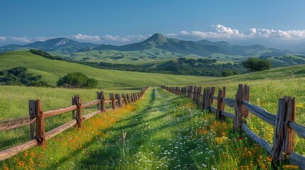 A wooden fence in a grassy field with flowers and mountains, AI