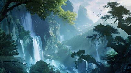 where radiant waterfalls cascade from celestial heights. Generative Ai