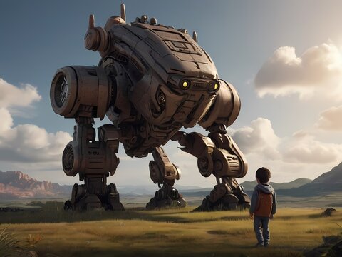 Amidst this chaos, a lone boy stood in contemplation against robots.