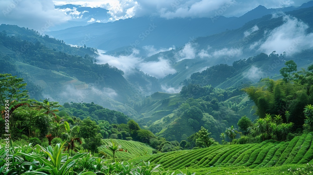 Wall mural A lush green hills with mountains in the background, AI