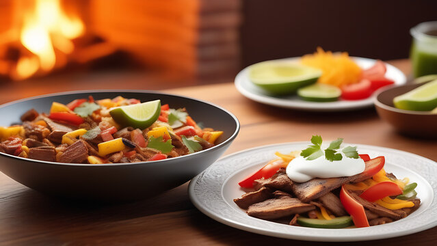 Traditional Mexican food: beef fajitas with various fillings and tachos. Mexican food advertisement