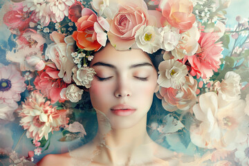 Beauty portrait of lovely beautiful young woman with flowers on her head, closing her eyes