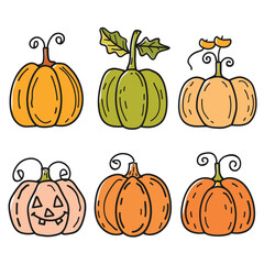 Six cartoon pumpkins colorful handdrawn illustration isolated white background. Pumpkin designs vary, leaves tendrils, Halloween jackolantern smiling face. Different shapes orange green pumpkins