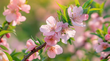 Obraz premium Blossoming Pink Flowers on a Sunny Spring Day with Fresh Green Foliage