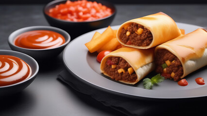 Mexican food. Traditional enchilada dish with meat, vegetables, corn, beans, tomato sauce and cheese. South American cuisine. Latin American cuisine. Copy space