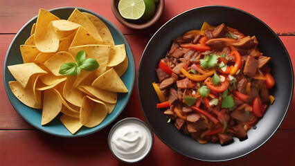 Traditional Mexican food: beef fajitas with various fillings and tachos. Mexican food advertisement