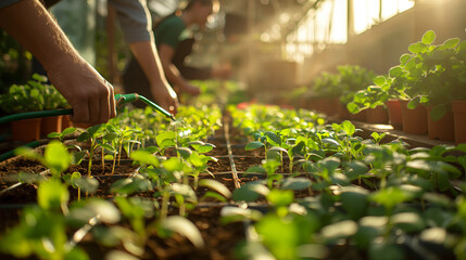 Urban Gardening: Hand Watering Young Seedlings in Greenhouse at Sunset