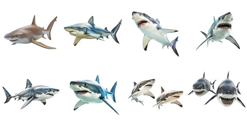 Shark transparent isolated collection in 3d png for all purpose.