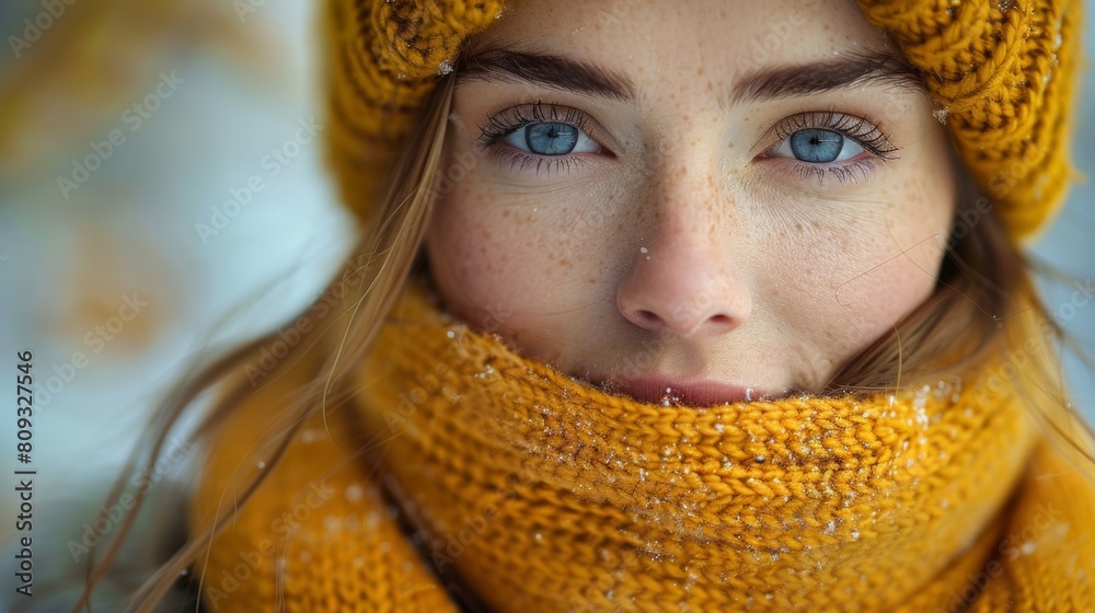 Canvas Prints a close up of a woman wearing a yellow scarf and hat, ai