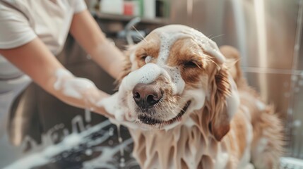 Joyful dog enjoying a bath time